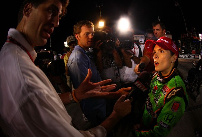FORT WORTH, TX - JUNE 05:  Danica Patrick, driver of the #7 Team Godaddy.com Andretti Autosport Dallara Honda, is interviewed after her second place finish in the IZOD IndyCar Series Firestone 550k at Texas Motor Speedway June 5, 2010 in Fort Worth, Texas.  (Photo by Donald Miralle/Getty Images)