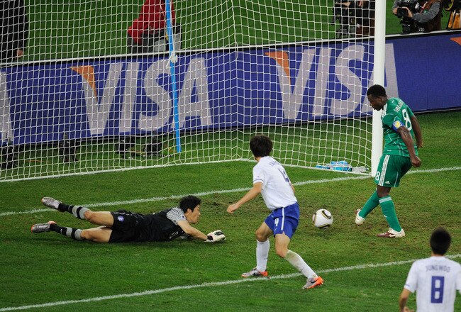 DURBAN, SOUTH AFRICA - JUNE 22:  Yakubu Ayegbeni of Nigeria misses an open goal during the 2010 FIFA World Cup South Africa Group B match between Nigeria and South Korea at Durban Stadium on June 22, 2010 in Durban, South Africa.  (Photo by Jamie McDonald/Getty Images)