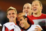 PRETORIA, SOUTH AFRICA - JUNE 23:  Stuart Holden and Landon Donovan of the United States celebrate with team mates the victory that sends the USA through to the second round in the 2010 FIFA World Cup South Africa Group C match between USA and Algeria at the Loftus Versfeld Stadium on June 23, 2010 in Tshwane/Pretoria, South Africa.  (Photo by Kevork Djansezian/Getty Images)