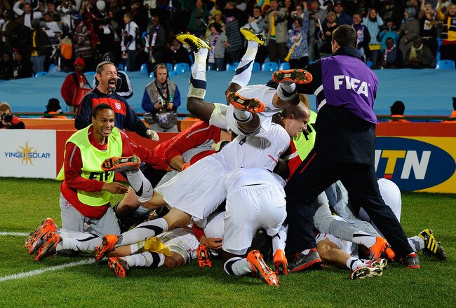 PRETORIA, SOUTH AFRICA - JUNE 23:  The USA team celebrate Landon Donovan's winning goal that sends the USA through to the second round during the 2010 FIFA World Cup South Africa Group C match between USA and Algeria at the Loftus Versfeld Stadium on June 23, 2010 in Tshwane/Pretoria, South Africa.  (Photo by Kevork Djansezian/Getty Images)