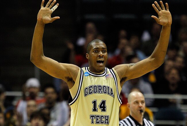 MILWAUKEE - MARCH 21:  Derrick Favors #14 of the Georgia Tech Yellow Jackets reatcs in the second half after being called for a foul during the second round of the 2010 NCAA men's basketball tournament against the Ohio State Buckeyes at the Bradley Center on March 21, 2010 in Milwaukee, Wisconsin.  (Photo by Jonathan Daniel/Getty Images)
