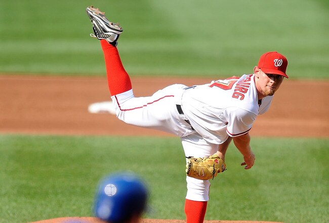 WASHINGTON - JUNE 23:  Stephen Strasburg #37 of the Washington Nationals pitches to Brian Bannister #19 of the Kansas City Royals at Nationals Park on June 23, 2010 in Washington, DC.  (Photo by Greg Fiume/Getty Images)