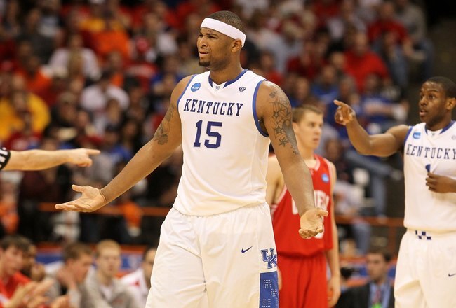 SYRACUSE, NY - MARCH 25:  DeMarcus Cousins #15 of the Kentucky Wildcats reacts against the Cornell Big Red during the east regional semifinal of the 2010 NCAA men's basketball tournament at the Carrier Dome on March 25, 2010 in Syracuse, New York.  (Photo by Jim McIsaac/Getty Images)