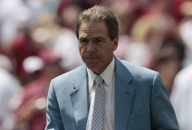 TUSCALOOSA, AL - APRIL 17:  Coach Nick Saban of the Alabama Crimson Tide watches during the Alabama spring game at Bryant Denny Stadium on April 17, 2010 in Tuscaloosa, Alabama. (Photo by Dave Martin/Getty Images)