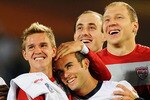 PRETORIA, SOUTH AFRICA - JUNE 23:  Stuart Holden and Landon Donovan of the United States celebrate with team mates the victory that sends the USA through to the second round in the 2010 FIFA World Cup South Africa Group C match between USA and Algeria at the Loftus Versfeld Stadium on June 23, 2010 in Tshwane/Pretoria, South Africa.  (Photo by Kevork Djansezian/Getty Images)