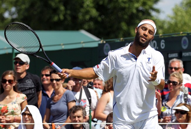 LONDON, ENGLAND - JUNE 22:  James Blake of USA reacts during the first round match against Robin Haase of Netherlands on Day Two of the Wimbledon Lawn Tennis Championships at the All England Lawn Tennis and Croquet Club on June 22, 2010 in London, England.  (Photo by Hamish Blair/Getty Images)