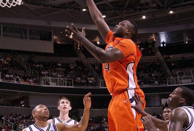 SAN JOSE, CA - MARCH 18:  Forward Derrick Caracter #4 of the UTEP Miners takes a shot against the Butler Bulldogs during the first round of the 2010 NCAA men's basketball tournament at HP Pavilion on March 18, 2010 in San Jose, California.  (Photo by Jed Jacobsohn/Getty Images)