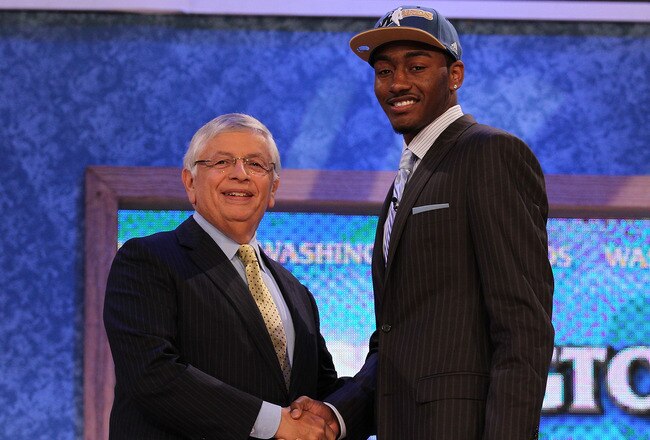 NEW YORK - JUNE 24:  John Wall of Kentucky stands with NBA Commisioner David Stern after being drafted with the first pick by the Washington Wizards at Madison Square Garden on June 24, 2010 in New York City.  NOTE TO USER: User expressly acknowledges and agrees that, by downloading and or using this photograph, User is consenting to the terms and conditions of the Getty Images License Agreement. (Photo by Al Bello/Getty Images)
