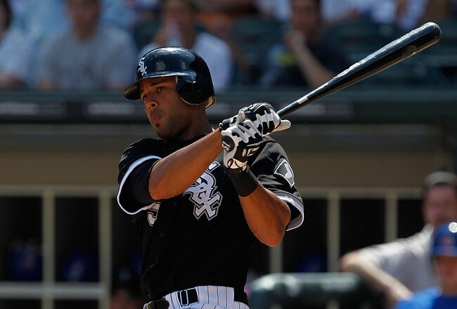 CHICAGO - JUNE 25: Alex Rios #51 of the Chicago White Sox hits a run-scoring double in the 1st inning against the Chicago Cubs at U.S. Cellular Field on June 25, 2010 in Chicago, Illinois. (Photo by Jonathan Daniel/Getty Images)