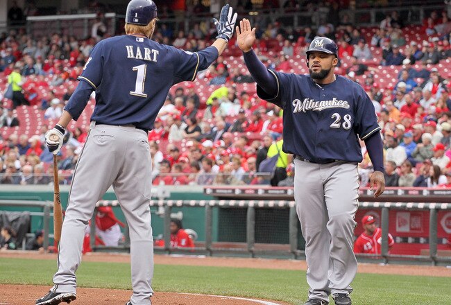 CINCINNATI - MAY 18:  Prince Fielder #28 of the Milwaukee Brewers is congratulated by Corey Hart #1 after Fielder scored in the first inning during the game against the Cincinnati Reds at Great American Ball Park on May 18, 2010 in Cincinnati, Ohio.  (Photo by Andy Lyons/Getty Images)