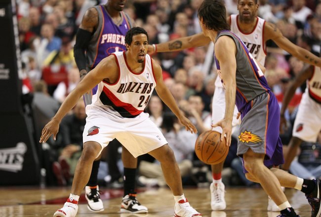 PORTLAND, OR - APRIL 29:  Andre Miller #24 of the Portland Trail Blazers in action against Steve Nash #13 of the Phoenix Suns during Game Six of the Western Conference Quarterfinals of the NBA Playoffs on April 29, 2010 at the Rose Garden in Portland, Oregon. The Suns defeated the Blazers 99-90. NOTE TO USER: User expressly acknowledges and agrees that, by downloading and or using this Photograph, user is consenting to the terms and conditions of the Getty Images License Agreement. (Photo by Otto Greule Jr/Getty Images)