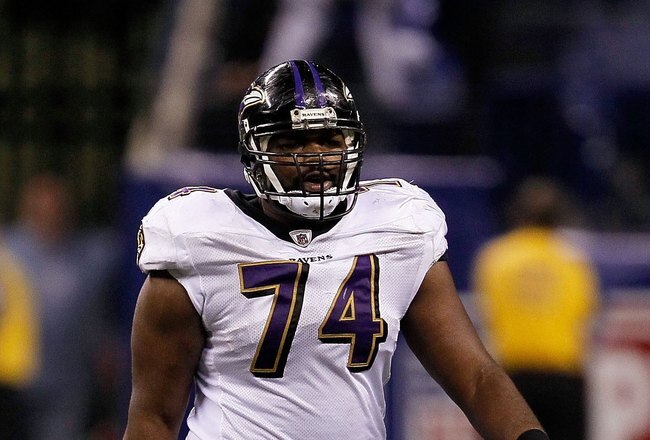 INDIANAPOLIS - JANUARY 16:  Michael Oher #74 of the Baltimore Ravens looks on against the Indianapolis Colts in the AFC Divisional Playoff Game at Lucas Oli Stadium on January 16, 2010 in Indianapolis, Indiana.  The Colts defeated the Ravens 20-3.  (Photo by Jonathan Daniel/Getty Images)