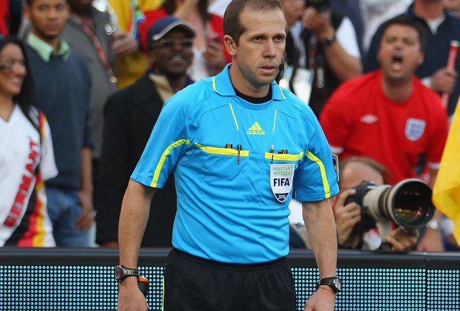BLOEMFONTEIN, SOUTH AFRICA - JUNE 27:  Linesman Mauricio Espinosa of Uruguay looks on after disallowing a goal by Frank Lampard of England during the 2010 FIFA World Cup South Africa Round of Sixteen match between Germany and England at Free State Stadium on June 27, 2010 in Bloemfontein, South Africa.  (Photo by Michael Steele/Getty Images)