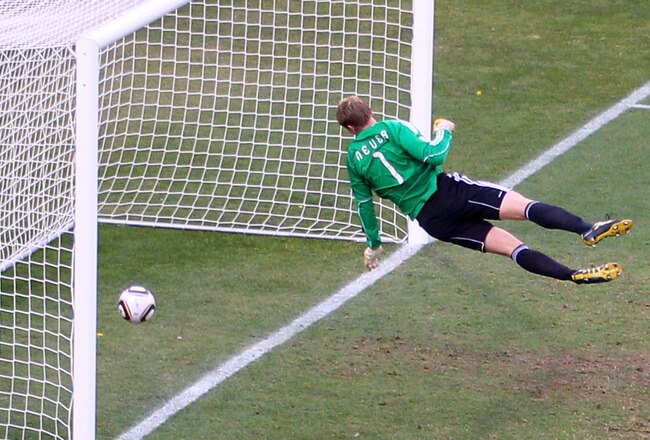 BLOEMFONTEIN, SOUTH AFRICA - JUNE 27:  Manuel Neuer of Germany watches the ball bounce over the line from a shot that hit the crossbar from Frank Lampard of England, but referee Jorge Larrionda judges the ball did not cross the line during the 2010 FIFA World Cup South Africa Round of Sixteen match between Germany and England at Free State Stadium on June 27, 2010 in Bloemfontein, South Africa.  (Photo by Cameron Spencer/Getty Images)