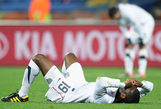 RUSTENBURG, SOUTH AFRICA - JUNE 26:  Maurice Edu of the United States shows his dejection after defeat to Ghana during the 2010 FIFA World Cup South Africa Round of Sixteen match between USA and Ghana at Royal Bafokeng Stadium on June 26, 2010 in Rustenburg, South Africa.  (Photo by Stuart Franklin/Getty Images)