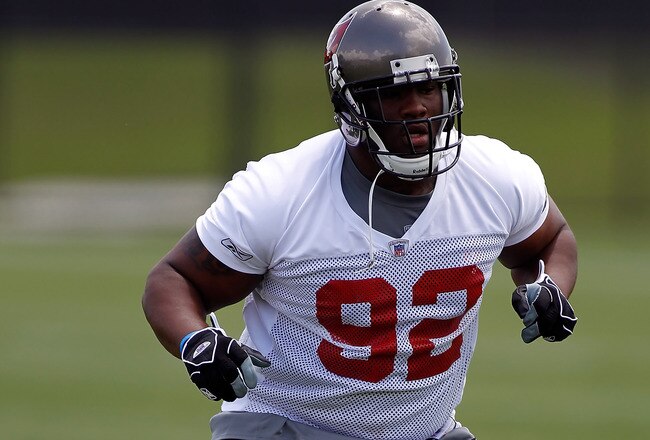 TAMPA, FL - MAY 01:  Defensive tackle Brian Price #92 of the Tampa Bay Buccaneers warms up during the Buccaneers Rookie mini camp at One Buccaneer Place on May 1, 2010 in Tampa, Florida.  (Photo by J. Meric/Getty Images)