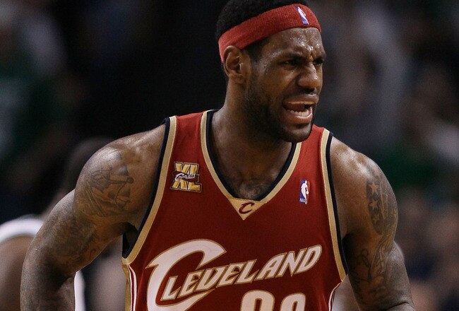 BOSTON - MAY 13:  LeBron James #2 of the Cleveland Cavaliers reacts to a call in the first half against of the Boston Celtics during Game Six of the Eastern Conference Semifinals of the 2010 NBA playoffs at TD Garden on May 13, 2010 in Boston, Massachusetts.  NOTE TO USER: User Expressly Acknowledges and agrees that, by downloading and or using this photograph, User is consenting to the terms and conditions of the Getty Images License Agreement.  (Photo by Elsa/Getty Images)