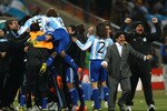 JOHANNESBURG, SOUTH AFRICA - JUNE 27:  Diego Maradona head coach of Argentina celebrates the third goal during the 2010 FIFA World Cup South Africa Round of Sixteen match between Argentina and Mexico at Soccer City Stadium on June 27, 2010 in Johannesburg, South Africa.  (Photo by Richard Heathcote/Getty Images)
