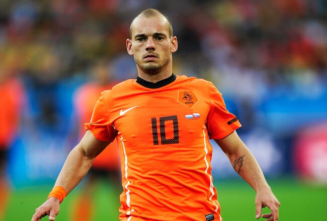 DURBAN, SOUTH AFRICA - JUNE 28: Wesley Sneijder of the Netherlands in action during the 2010 FIFA World Cup South Africa Round of Sixteen match between Netherlands and Slovakia at Durban Stadium on June 28, 2010 in Durban, South Africa.  (Photo by Jamie McDonald/Getty Images)