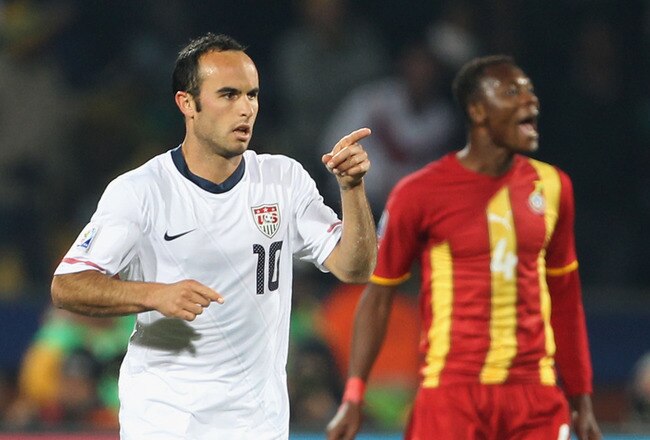 RUSTENBURG, SOUTH AFRICA - JUNE 26: Landon Donovan of the United States celebrates scoring from the penalty spot during the 2010 FIFA World Cup South Africa Round of Sixteen match between USA and Ghana at Royal Bafokeng Stadium on June 26, 2010 in Rustenburg, South Africa.  (Photo by Phil Cole/Getty Images)