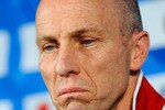 PRETORIA, SOUTH AFRICA - JUNE 27:  Head coach Bob Bradley of USA reacts during his last 2010 World Cup press conference at Irene Farm on June 27, 2010 in Irene south of  Pretoria, South Africa.  (Photo by Kevork Djansezian/Getty Images)