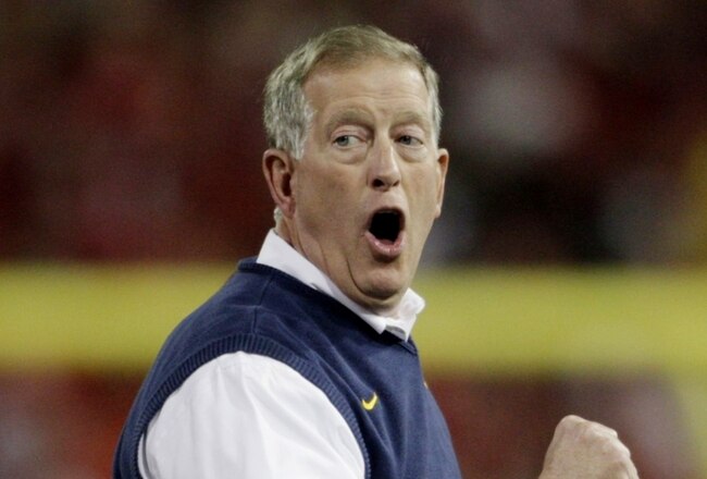 CINCINNATI - NOVEMBER 13: Head coach Bill Stewart of the West Virginia Mountaineers reacts during the game against the Cincinnati Bearcats at Nippert Stadium on November 13, 2009 in Cincinnati, Ohio. (Photo by Andy Lyons/Getty Images)