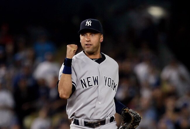LOS ANGELES, CA - JUNE 27:  Derek Jeter #2 of the New York Yankees celebrates following his teams victory over the Los Angeles Dodgers during an interleague game at Dodger Stadium on June 27, 2010 in Los Angeles, California. The Yankees defeated the Dodgers 8-6 in ten innings.  (Photo by Jeff Gross/Getty Images)