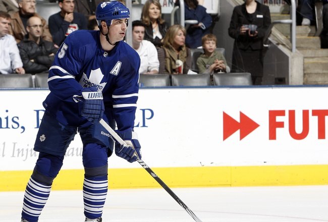 TORONTO - APRIL 6: Tomas Kaberle #15 of the Toronto Maple Leafs skates up the ice during an NHL game against the Philadelphia Flyers at the Air Canada Centre on April 6, 2010 in Toronto, Ontario, Canada. (Photo by Abelimages/Getty Images)
