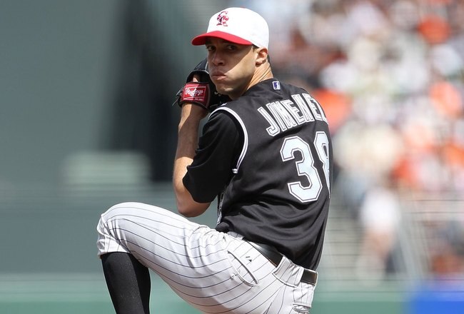SAN FRANCISCO - MAY 31:  Ubaldo Jimenez #38 of the Colorado Rockies pitches against the San Francisco Giants during an MLB game at AT&T Park on May 31, 2010 in San Francisco, California.  (Photo by Jed Jacobsohn/Getty Images)