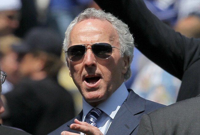 LOS ANGELES, CA - APRIL 13: Owner Frank McCourt of the Los Angeles Dodgers  stands on the field during opening day ceremonies before the game with the Arizona Diamondbacks on April 13, 2010 at Dodger Stadium in Los Angeles, California.  (Photo by Stephen Dunn/Getty Images)