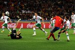 CAPE TOWN, SOUTH AFRICA - JUNE 29:  David Villa of Spain scores his side's first goal past Eduardo of Portugal during the 2010 FIFA World Cup South Africa Round of Sixteen match between Spain and Portugal at Green Point Stadium on June 29, 2010 in Cape Town, South Africa.  (Photo by Jasper Juinen/Getty Images)