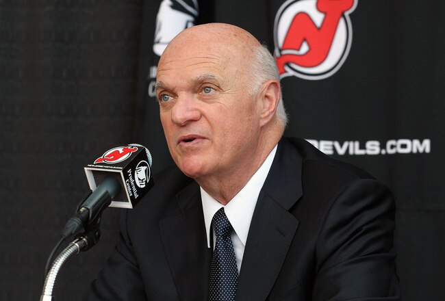 NEWARK, NJ - JUNE 17: CEO/ President/  General Manager Lou Lamoriello of the New Jersey Devils address the media after introducing John MacLean as the Devils new head coach during a press conference at the Prudential Center on June 17, 2010 in Newark, New Jersey. (Photo by Andy Marlin/Getty Images)