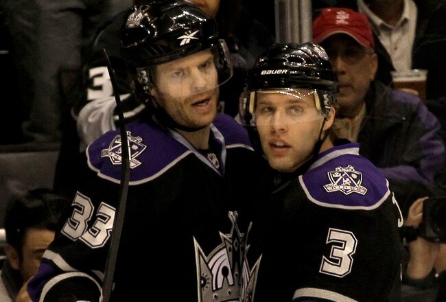 LOS ANGELES - MARCH 8:  Fredrik Modin #33 and Jack Johnson #3 of the Los Angeles Kings celebrates Modin's second period goal against the Columbus Blue Jackets on March 8, 2010 at Staples Center in Los Angeles, California.  (Photo by Stephen Dunn/Getty Images)
