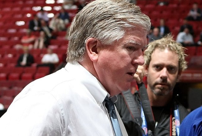 MONTREAL, QC - JUNE 27:  Kenny Ryan speaks to General Manager Brian Burke of the Toronto Maple Leafs organization after he was drafted by the Leafs in the second round during the 2009 NHL Entry Draft at the Bell Centre on June 27, 2009 in Montreal, Quebec, Canada. (Photo by Bruce Bennett/Getty Images)