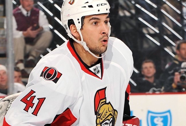 PITTSBURGH - DECEMBER 23:  Forward Jonathan Cheechoo #41 of the Ottawa Senators skates against the Pittsburgh Penguins on December 23, 2009 at Mellon Arena in Pittsburgh, Pennsylvania.  (Photo by Jamie Sabau/Getty Images)