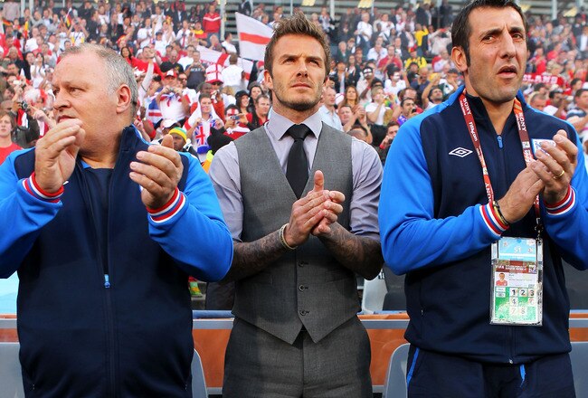 BLOEMFONTEIN, SOUTH AFRICA - JUNE 27:  David Beckham of England ahead of the 2010 FIFA World Cup South Africa Round of Sixteen match between Germany and England at Free State Stadium on June 27, 2010 in Bloemfontein, South Africa.  (Photo by Clive Rose/Getty Images)
