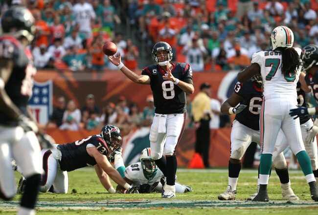 MIAMI - DECEMBER 27:  Quarterback Matt Schaub #8 of the Houston Texans throws a pass against the Miami Dolphins at Land Shark Stadium on December 27, 2009 in Miami, Florida. The Texans defeated the Dolphins 27-20.  (Photo by Doug Benc/Getty Images)