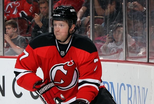 NEWARK, NJ - APRIL 02:  Paul Martin #7 of the New Jersey Devils skates against the Chicago Blackhawks at the Prudential Center on April 2, 2010 in Newark, New Jersey. The Hawks defeated the Devils 2-1 after a shootout.  (Photo by Jim McIsaac/Getty Images)