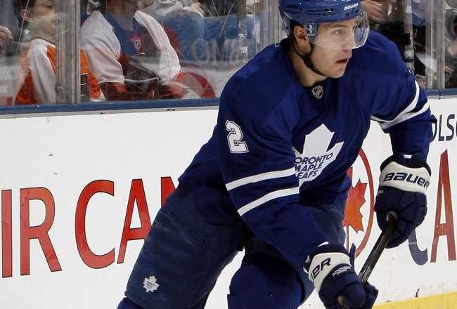 TORONTO - APRIL 6: Luke Schenn #2 of the Toronto Maple Leafs moves the puck up the ice during an NHL game against the Philadelphia Flyers at the Air Canada Centre on April 6, 2010 in Toronto, Ontario, Canada. (Photo by Abelimages/Getty Images)
