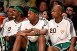 LOS ANGELES, CA - JUNE 15:  (L-R) Rajon Rondo #9, Paul Pierce #34 and Ray Allen #20 of the Boston Celtics sit on the bench during the Celtics' loss to the Los Angeles Lakers in Game Six of the 2010 NBA Finals at Staples Center on June 15, 2010 in Los Angeles, California.  NOTE TO USER: User expressly acknowledges and agrees that, by downloading and/or using this Photograph, user is consenting to the terms and conditions of the Getty Images License Agreement.  (Photo by Christian Petersen/Getty Images)