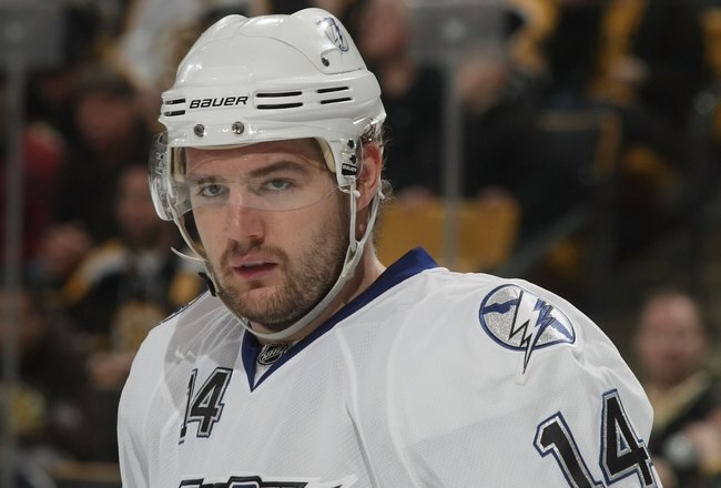 BOSTON - DECEMBER 02: Andrej Meszaros #14 of the Tampa Bay Lightning skates against the Boston Bruins at the TD Bank Garden on December 2, 2009 in Boston, Massachusetts. (Photo by Bruce Bennett/Getty Images)