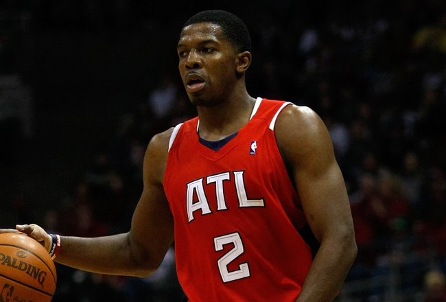 MILWAUKEE, WI - APRIL 24: Joe Johnson #2 of the Atlanta Hawks dribbles the basketball against the Milwaukee Bucks during Game Three of Eastern Conference Quarterfinals of the 2010 NBA Playoffs at the Bradley Center on April 24, 2010 in Milwaukee, Wisconsin. The Bucks defeated the Hawks 107-89. NOTE TO USER: User expressly acknowledges and agrees that, by downloading and or using this photograph, User is consenting to the terms and conditions of the Getty Images License Agreement. (Photo by Scott Boehm/Getty Images)
