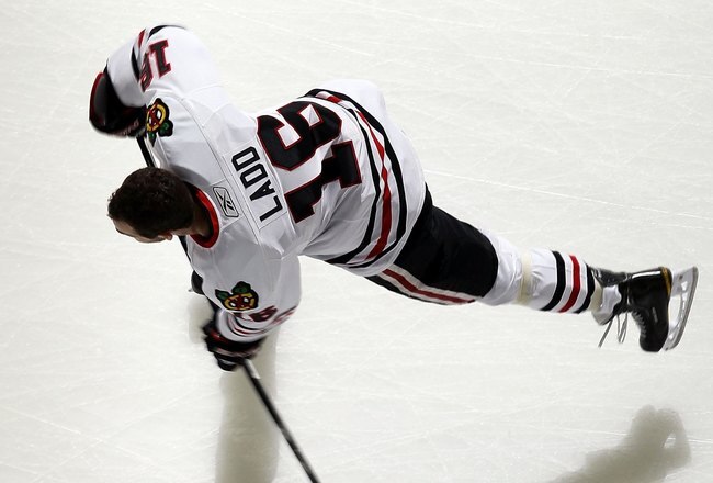 NEWARK, NJ - APRIL 02:  Andrew Ladd #16 of the Chicago Blackhawks warms up before playing against the New Jersey Devils at the Prudential Center on April 2, 2010 in Newark, New Jersey.  (Photo by Jim McIsaac/Getty Images)