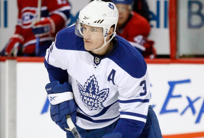 MONTREAL- APRIL 10:  Dion Phaneuf #3 of the Toronto Maple Leafs skates during the NHL game against the Montreal Canadiens on April 10, 2010 at the Bell Centre in Montreal, Quebec, Canada.  The Maple Leafs defeated the Canadiens 4-3 in overtime.  (Photo by Richard Wolowicz/Getty Images)