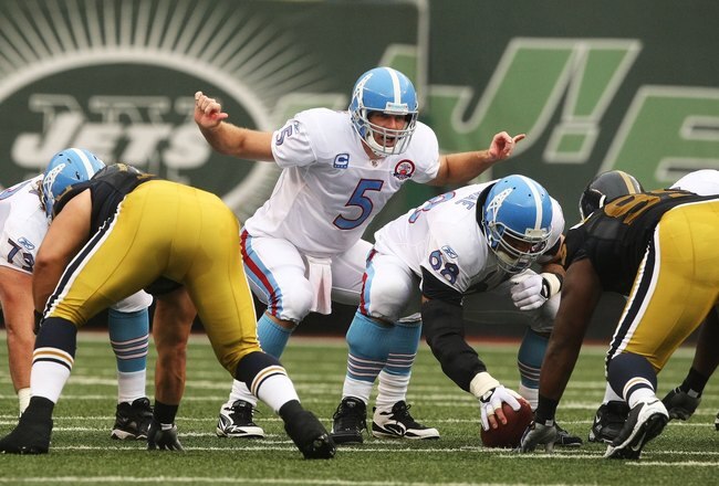 EAST RUTHERFORD, NJ - SEPTEMBER 27:  Kerry Collins #5 of The Tennessee Titans in action against the New York Jets during their game on September 27, 2009 at Giants Stadium in East Rutherford, New Jersey.  (Photo by Al Bello/Getty Images)
