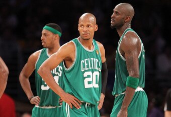LOS ANGELES, CA - JUNE 15:  (L-R) Paul Pierce #34, Ray Allen #20 and Kevin Garnett #5 of the Boston Celtics look on in the second half while taking on the Los Angeles Lakers in Game Six of the 2010 NBA Finals at Staples Center on June 15, 2010 in Los Angeles, California.  NOTE TO USER: User expressly acknowledges and agrees that, by downloading and/or using this Photograph, user is consenting to the terms and conditions of the Getty Images License Agreement.  (Photo by Ronald Martinez/Getty Images)