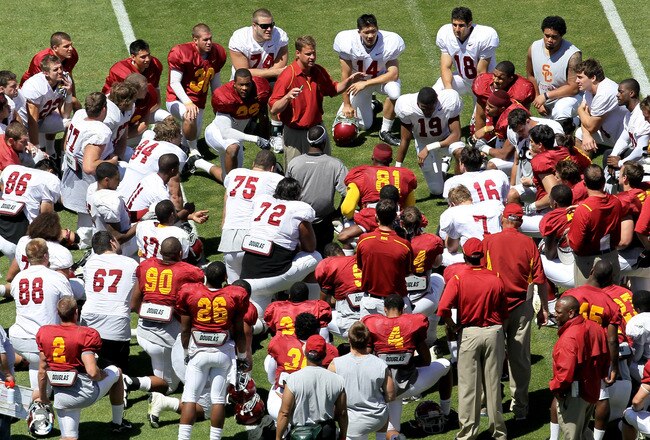LOS ANGELES, CA - MAY 01:  Head coach Lane Kiffin addresses the team following the  USC Trojans spring game on  May 1, 2010 at the Los Angeles Memorial Coliseum in Los Angeles, California.  (Photo by Stephen Dunn/Getty Images)