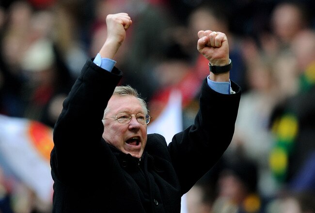 MANCHESTER, ENGLAND - MARCH 21:  Manchester United manager Sir Alex Ferguson celebrates at the end of the Barclays Premier League match between Manchester United and Liverpool at Old Trafford on March 21, 2010 in Manchester, England.  (Photo by Michael Regan/Getty Images)