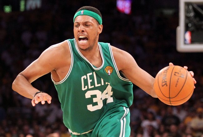 LOS ANGELES, CA - JUNE 17:  Paul Pierce #34 of the Boston Celtics moves the ball while taking on the Los Angeles Lakers in Game Seven of the 2010 NBA Finals at Staples Center on June 17, 2010 in Los Angeles, California.  NOTE TO USER: User expressly acknowledges and agrees that, by downloading and/or using this Photograph, user is consenting to the terms and conditions of the Getty Images License Agreement.  (Photo by Ronald Martinez/Getty Images)