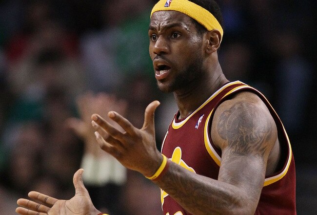 BOSTON - MAY 09:  LeBron James #23 of the Cleveland Cavaliers reacts after a foul is called on him in the second half against the Boston Celtics during Game Four of the Eastern Conference Semifinals of the 2010 NBA playoffs at TD Garden on May 9, 2010 in Boston, Massachusetts. The Celtics defeated the Cavaliers 97-87. NOTE TO USER: User Expressly Acknowledges and agrees that, by downloading and or using this photograph, User is consenting to the terms and conditions of the Getty Images License Agreement.  (Photo by Elsa/Getty Images)